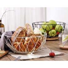 CLIKYA-Frutero metálico blanco 28cm,Frutero de Cocina Metálico con Base de Madera,Cesto-Frutero Forma Diamante