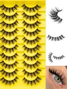 10 Pairs Of Soft And Fluffy False Lashes,Natural Transparent Stem,3D Fluffy Striped Short Curl Eyelashes, Thick Faux Mink Full Strip Eyelashes, The Secret Of Widening Your Eyes ,Beginner-Friendly And Reusable - 俄羅斯條狀假睫毛 - 查看 7
