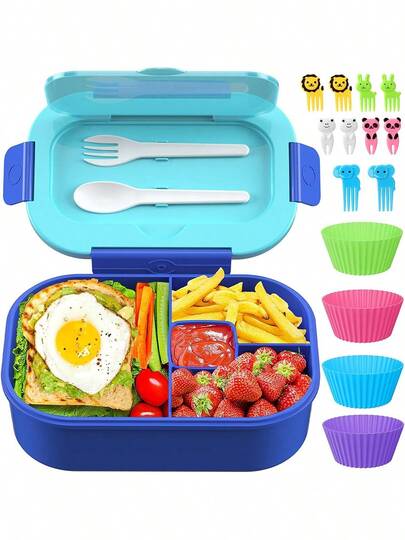 44oz Leakproof Kids Bento Lunch Box – 4 Compartment Meal Container With Cutlery, Reusable School Lunch Box For Snacks & Back To School (Bento-Style)