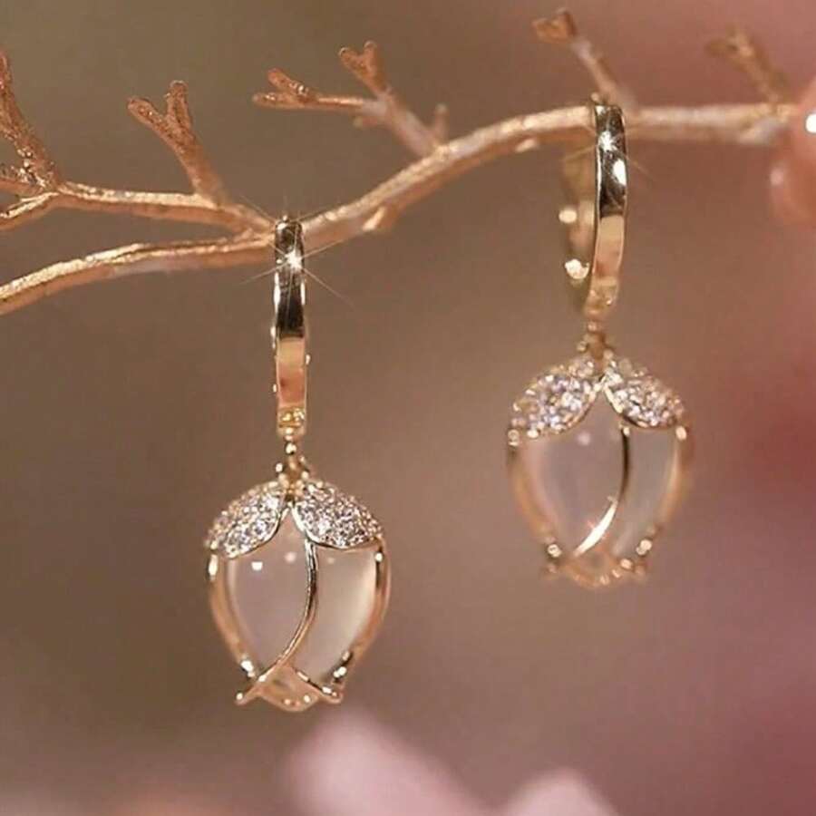 Creative Artificial Opal Tulip Flower Earrings, Ladies Elegant Earrings - 1 Pair - View 1