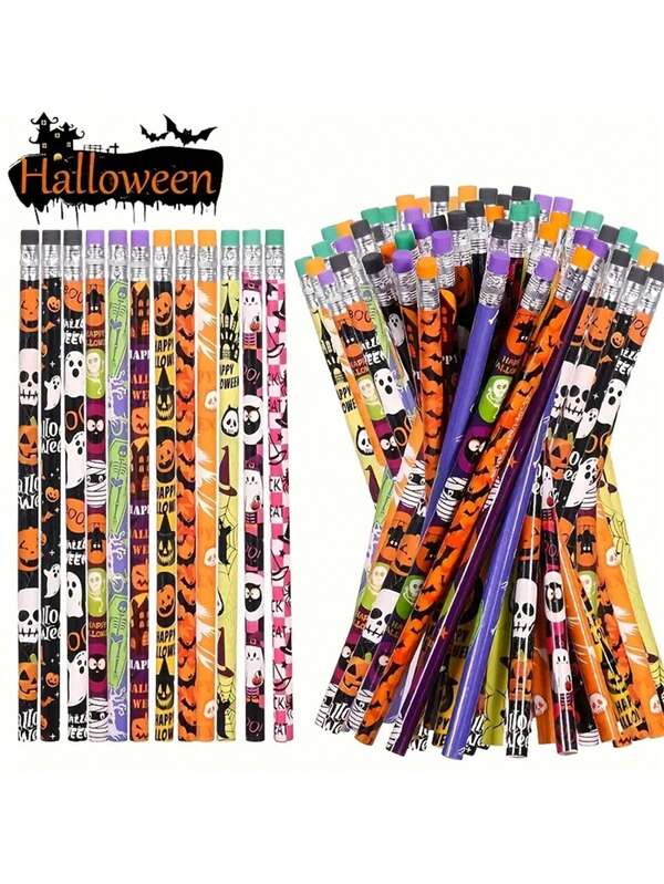 12/24/36/48 Stücke Halloween Themen Bleistift Set (mit Radiergummis), zufälliger Stil Kürbis, Schädel, Fledermaus, Spinne Holzstifte, Party Geschenke