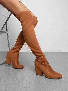 Women Pointed Toe Thigh High Over The Knee Boots Fashion Chunky Block Heel Long Boots For Autumn Winter Wearing, Casual Office Tall Boots - màu nâu - Xem 3