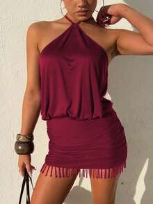 女士性感露背流苏吊带纯色度假派对夜店节日连衣裙优雅 - 酒紅色 - 查看 1