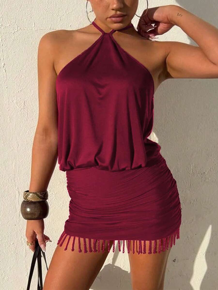 女士性感露背流苏吊带纯色度假派对夜店节日连衣裙优雅 - 酒紅色 - 查看 1
