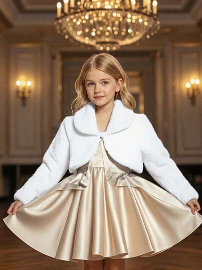 1pc Girls' Outdoor Casual Elegant Sweet Elegant Cute Princess Style Fluffy Lapel Long Sleeve Thick Solid Color Shawl Cardigan Jacket, Suitable For Pairing With Dresses, Formal Wear, Princess Skirts, Suitable For Daily Commute, Social Gatherings, Vacation, School, Banquet Events, Spring/Autumn/Winter