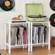 LELELINKY 2-Tier Bamboo Record Player Stand With Vinyl Record Storage Up To 100 Albums, Boho Bedroom Record Holder And Multi-Functional End Table For Living Room, Natural - White - View 1