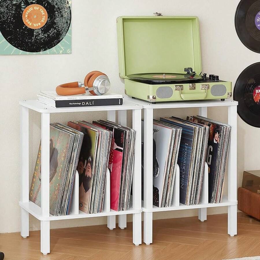 LELELINKY 2-Tier Bamboo Record Player Stand With Vinyl Record Storage Up To 100 Albums, Boho Bedroom Record Holder And Multi-Functional End Table For Living Room, Natural - White - View 1