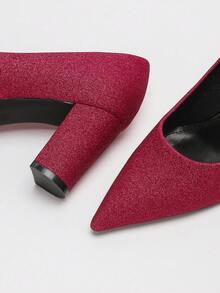 1 Par de Saltos Altos Pontudos Vermelhos Brilhantes, Elegantes, Confortáveis e Sensuais, Design de Salto Grosso, Sapatos Formais Feitos com Materiais Premium e Sola de Borracha Antiderrapante, Adequados para Férias, Casamentos, Formaturas, Galas, Festas e Eventos à Noite