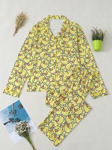 Women's Cute Duck Pajama Set, Long Sleeve Button Front Top & Pants, Soft Woven Fabric, Casual Home Wear For Spring & Fall - 黃色 - 查看 1
