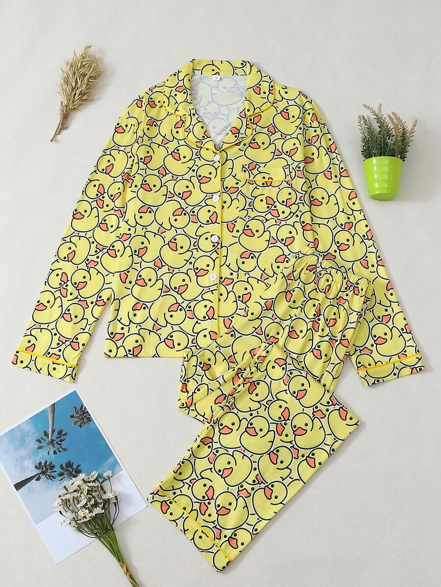 Women's Cute Duck Pajama Set, Long Sleeve Button Front Top & Pants, Soft Woven Fabric, Casual Home Wear For Spring & Fall - 黃色 - 查看 1