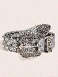 1pc Brown Antique Bronze Eyelet PU Round Buckle Fashion Belt, Oval Metal Buckle, Bohemian Style, Suitable For Daily Wear