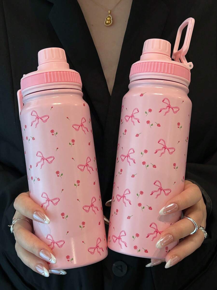 2024 HOT 18oz/530ml Aesthetic White Stainless Steel Tumbler - Embossed Rose & Bow Design, Leak-Proof Twist Lid, Portable Handle | 24hr Insulation, 304 , Women's Travel Mug - Multicolor - View 1