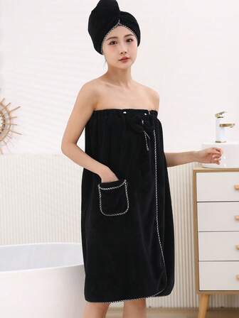 2 件套女士珊瑚绒柔软吸水连帽浴巾和裹身裙套装，蝴蝶结设计温暖冬季装饰