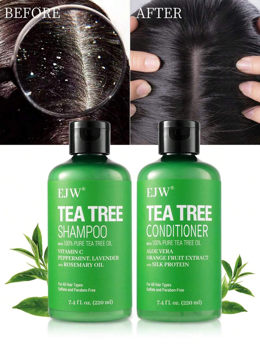 Set de 2 piezas de cuidado del cabello, Set de champú y acondicionador de árbol de té - Aceite de árbol de té y aceite de menta - Limpieza profunda, refresca el cabelludo, para todo tipo de cabello, especialmente cabello graso