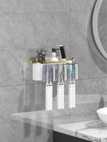 1pc Toothbrush Holder Wall Mounted, Bathroom Organizer With 4 Cups, Automatic Toothpaste Dispenser, Electric Toothbrush Holder, Adhesive Storage Caddy, No Drilling, Bathroom Accessories For Family & Adults, Essential For Halloween Guest Prep, Perfect Christmas Gift For Home. Bathroom Accessories Bathroom Tools - Multicolor - View 18