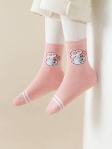 5 Pairs Girls' Mid-Calf Socks, Pink, White, Light Blue, Solid Color, Contrast Color, Cartoon Rabbit, Letter, Flower, Heart, Bow Decor, Autumn/Winter, Soft & Warm Thick, Simple Style, Cute, Fashionable, Versatile For Daily Wear - Multicolor - View 5