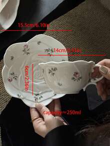 1 pieza Juego de taza y platillo de café de cerámica con flores y rosas estilo coreano Ins, taza de latte con estilo romántico francés para el té de la tarde, plato ondulado con flores estilo campo, plato Ins para aperitivos, plato para pastel y postre, vajilla de restaurante, adecuado para reuniones en el jardín y todas las estaciones