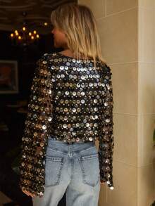 Womens Sequin Flared  Long Sleeve Blouse Tops Long Sleeve Sequined Loose Fit Glitter Sparkly Bell Sleeve Crew Neck Shirts Summer Holiday Beachwear Party Clubwear - 黑色 - 查看 5
