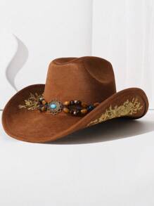 1PC 民族风格木珠装饰链刺绣高顶礼帽，欧美流行的西部牛仔帽，时尚简约百搭爵士帽，适合日常佩戴、生日派对、万圣节、西部主题活动、音乐节、音乐节等。 - A - 查看 5