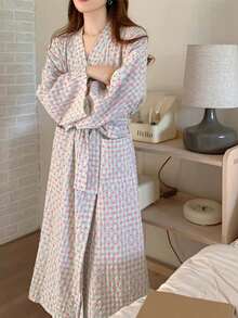 1Pc Women's New Style Kimono Robe, Korean Minimalist Comfy Sleepwear, Bow Decor Loose Casual Bathrobe Back To School