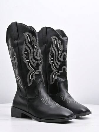 Knähöga stövlar i västerländsk stil med broderi, finns i brunt och svart, bekväma och mångsidiga, lämpliga för helgdagar