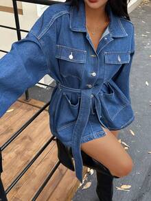 Seelio New Design Women Cinched Waist Waist Denim Jacket With Collars, Single Breasted - Blue - View 2