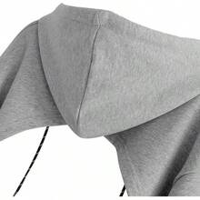 Sudadera corta con capucha de manga larga con cordón para mujer - Gris Oscuro - Ver 3