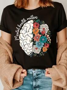 Camiseta Cerebro Con Flores Mental Health Matters Estilo Artístico,Camiseta cómoda y suave de manga corta, 100 % algodón, 220 g, ideal para primavera y verano, unisex. - Negro - Ver 1