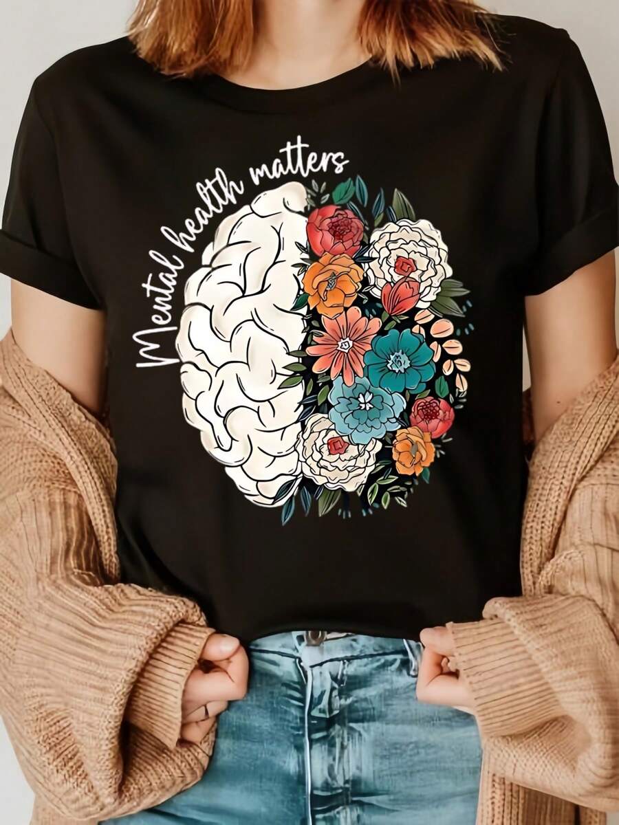 Camiseta Cerebro Con Flores Mental Health Matters Estilo Artístico,Camiseta cómoda y suave de manga corta, 100 % algodón, 220 g, ideal para primavera y verano, unisex. - Negro - Ver 1