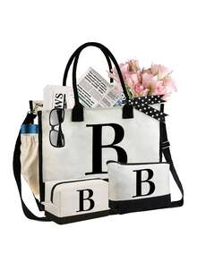 黑白亚麻手提包套装，含肩带、化妆包和方形收纳袋，简约A-Z字母图案，超大容量。套装包含1个化妆包和1个带拉链的方形收纳袋，可用于装脏衣服、零钱包、铅笔盒、化妆包等。 - 彩色 - 查看 16