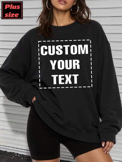 Customized Text Thermal Lined Crew Neck Sweatshirt For Women Plus Size, Personalize With Lucky Numbers & Blessings For Lover, Family, Pet, Friend, Suitable For Valentine's Day, Christmas, Back To School, Autumn/Winter, Holiday Gift, Birthday Gift, Party