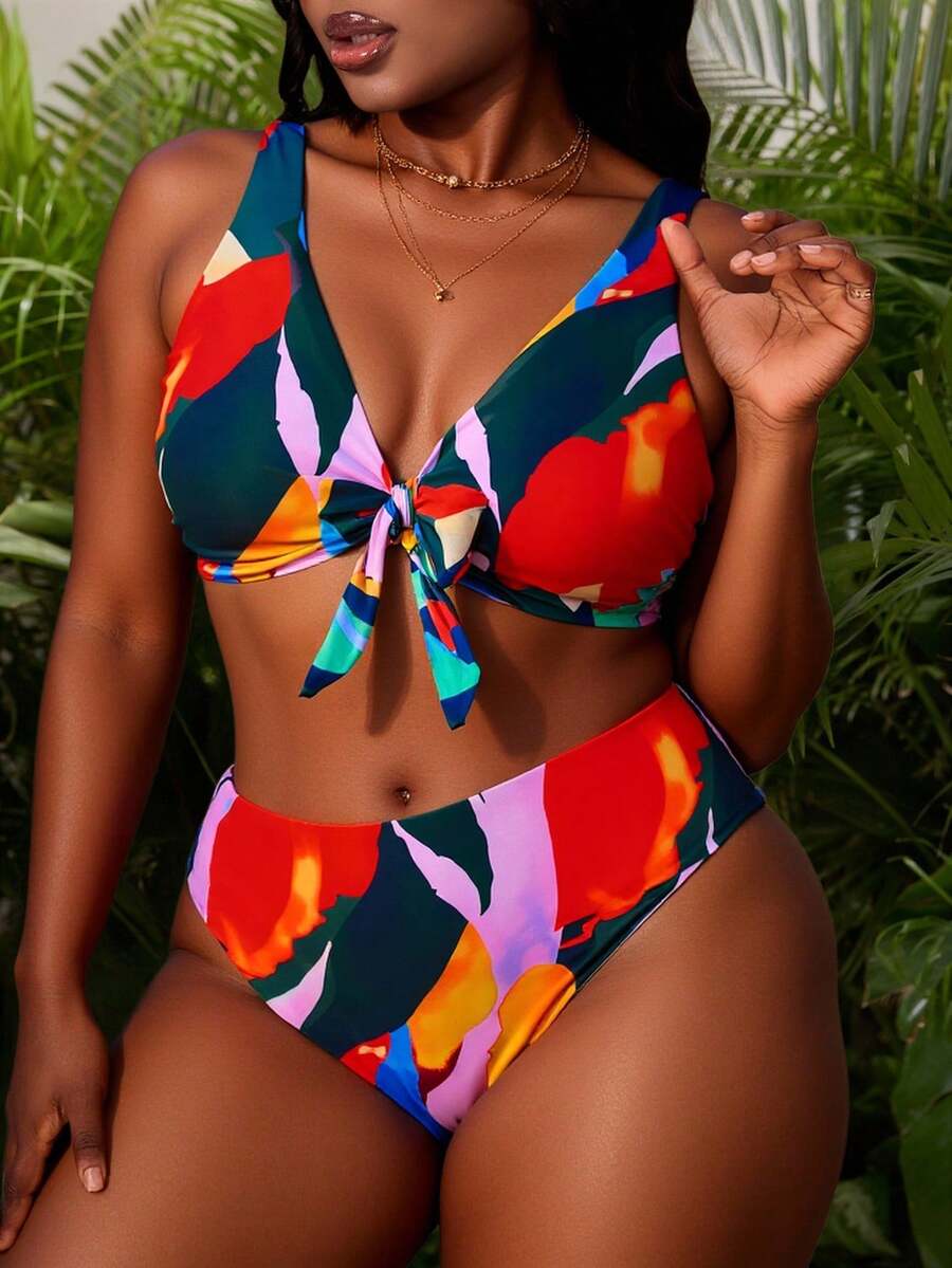 Slaydiva 1 Set Plus Size Women Front-Tie Random Print Sexy Beach Holiday Bikini Swimsuit - Multicolor - View 1