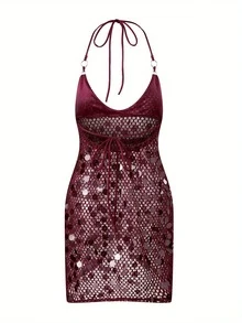 Women Crochet Bodycon Mini Dress Halter Neck Backless Knit Dresses