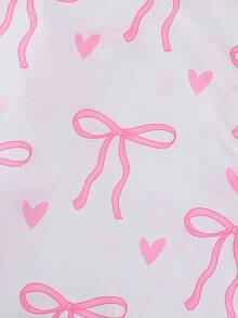 Set 2 buc. pijamale pentru femei, mărime plus, alb, bază, roz, cu imprimeu de inimă și fundă, cu mânecă scurtă, top moale cu nasturi și talie elastică, pantaloni scurți, drăguți, la modă, pentru fiecare zi/petrecere/acasă/timp liber - Roz - Vizualizare 9