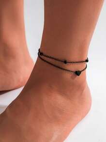 2pcs Mini Heart Beaded Anklet Set, Adjustable & Stackable Black Punk Style Anklet, Decoration For Beach, Party, Daily Wear, Birthday Gift For Friends - Anklet - View 2