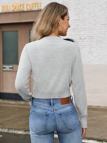 女式针织长袖纽扣前短款开衫，扇贝边高弹力，春秋季 - 灰色 - 查看 5