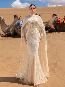Faeriesty Valentine's Day Haute Glamour Luxe Two Pieces Sparkly Beaded Gown Set: Beaded Sequin Mermaid Gown & Fish Scale Beaded Cape, Long Sleeve Sheer Design With Cinched Waist - Elegant Bridal & Evening Wear Perfect For Weddings, Red Carpet Events, And Formal Galas For Women Birthday Outfit Clothes - Champagne - View 2