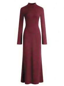 Women's Elegant Stand Collar Floor-Length Dress | Mermaid Hem Bell Sleeves Slim-Fit Casual Outfit | Suitable For Commute, Date, Gathering, Banquet, - Burgundy - View 5