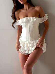 Women's Off Shoulder Lace Ruffle Corset Mini Dress Cocktail Party A-Line Mini Dresses - White - View 1