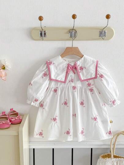 فساتين بناتية طويلة الأكمام فضفاضة عادية مطرزة الياقة