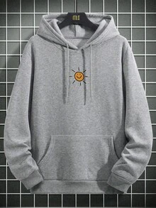 男士户外探险元素印花抽绳连帽卫衣，返校季，秋冬季，长袖上衣 - 灰色 - 查看 6