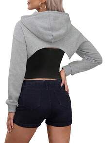 Sudadera corta con capucha de manga larga con cordón para mujer - Gris Oscuro - Ver 5