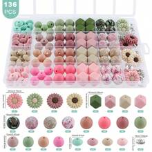136 件/盒，珠宝制作套件，多色向日葵硅胶珠，以及 15 毫米硅胶圆珠、14 毫米硅胶六角珠和 12 毫米硅胶豆珠混合在一起，可用于 DIY 手工手链、圆珠笔、串珠钥匙扣、背包吊坠等。硅胶材质坚固耐用，可作为礼物赠送 - 彩色 - 查看 8