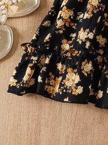 Baby Girl Floral Print Spaghetti Strap Bow Ruffle Hem Dress - Black - View 5