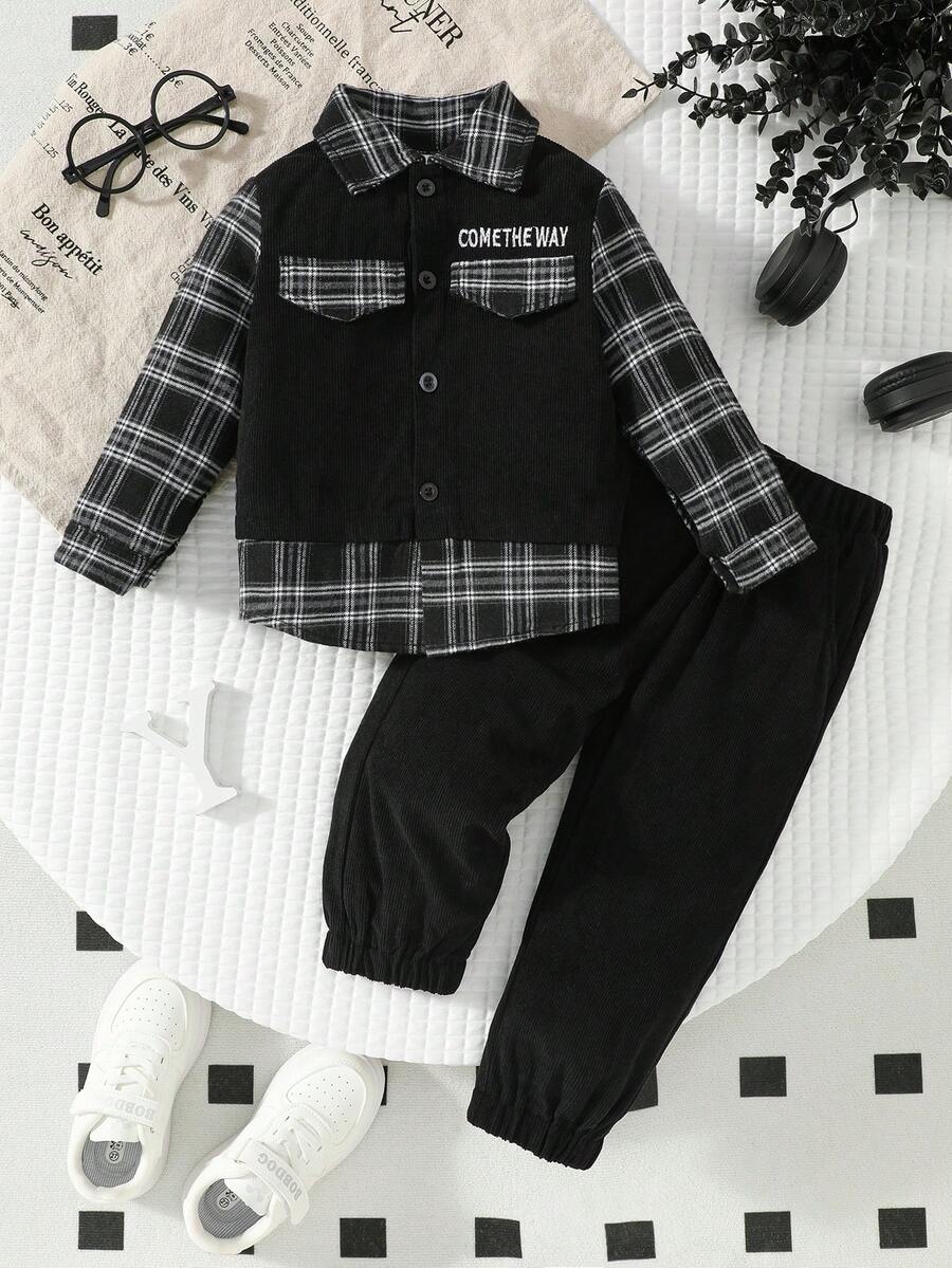 2pcs Young Boy Plaid Collar Patchwork Letter Embroidery Shirt + Black Pocket Pants Outfit Set - Multicolor - View 1