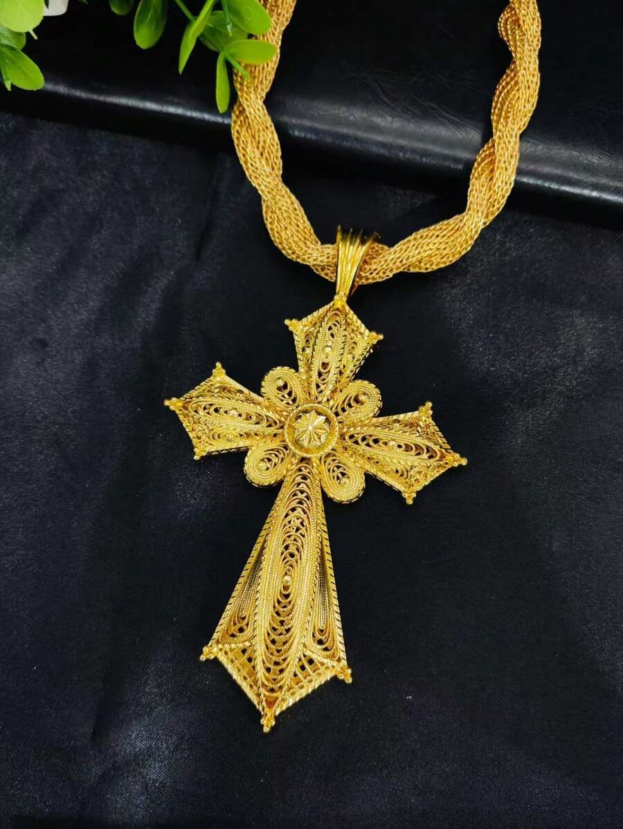 1pc Cross Pendant Necklace, Gold Color, Suitable For Bride, Wedding, Party, Daily Wear, Holiday Gift - Yellow Gold - View 1
