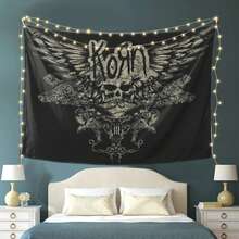 Korn-Inspired Black Tapestry Wall Hanging With Winged Skull Design – Soft Suede Fabric, Easy To Hang,, Modern Horizontal Decor For Living Room, Bedroom, Or Dorm, Funky Home Decor - 圖片色 - 查看 1