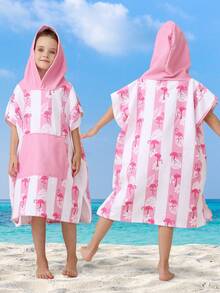 SHENG CHUN Original Design Cute Animal Striped Print Children's Hooded Robe, Suitable For Multi-Age, Absorbent, Large Pocket, Super Soft Fiber, Essential For Home, Beach, Swimming, Bathing, Spa, Can Dry Hair & Body, Non-Shedding, Reusable