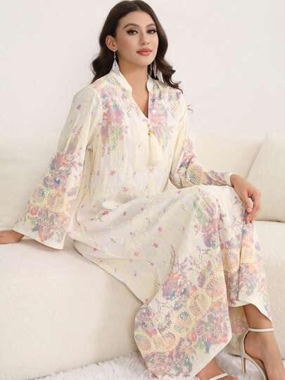 Colorful Print Tasseled Maxi Dress, Elegant Woven Fabric, Women Long Dress