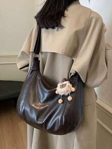 时尚百搭的优雅新月形手提包，简约高品质大容量单肩包，休闲复古高性价比女士斜挎包，配有可爱毛绒吊坠，适合通勤、工作和户外购物。 - 咖啡 - 查看 3